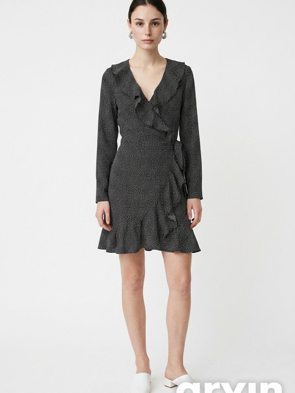 Club Monaco Black and White Dot Long Sleeve Wrap Dress